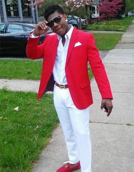 Mens Red Blazer and White Pants Set Stylish Casual Dress Outfit For New Year Holiday and Christmas Suit