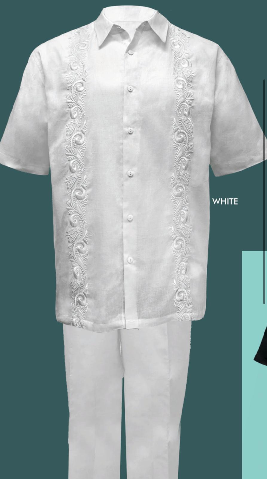 Mens Linen White Embroidered Guayabera Two-Piece Set – Short Sleeve Shirt and Pants - Summer Walking Suit