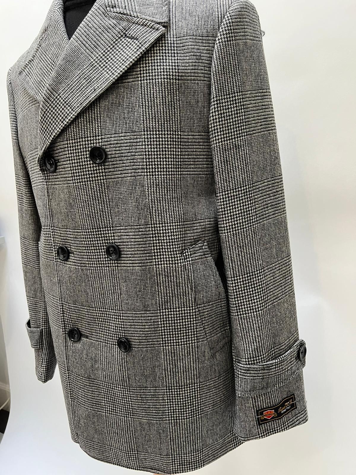 Mens Grey Plaid Double-Breasted Overcoat with Black Faux Fur Collar Classic Winter Peacoat