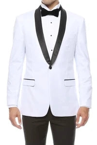 Men’s White Cowboy Blazer with Black Satin Lapel – Western Formal Tuxedo Style Jacket