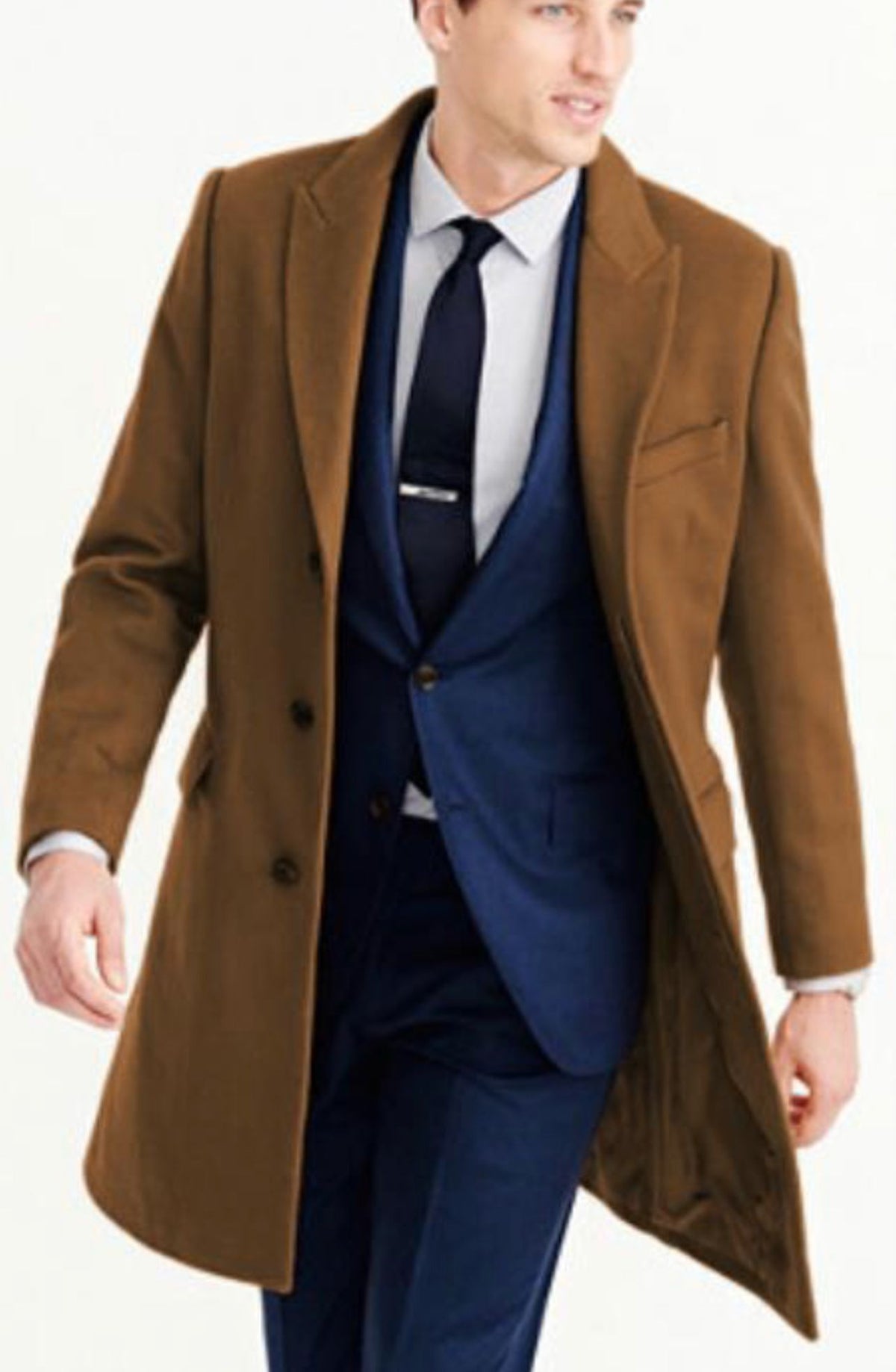 Mens Camel Brown Wool Overcoat – Classic Long Dress Coat for Business and Casual Wear in Vecuna Color