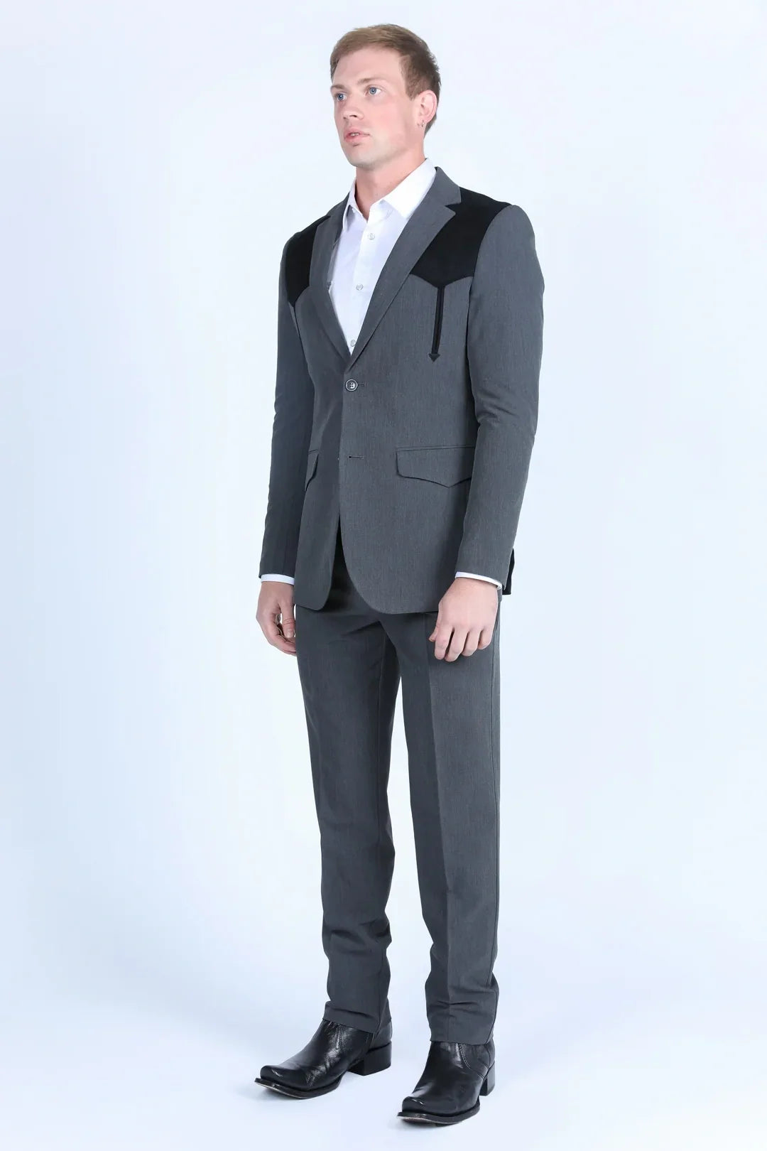 Men’s Dark Charcoal Western Blazer with Black Suede Yokes, Cowboy Sport Coat for Ranch Wedding and Country Events