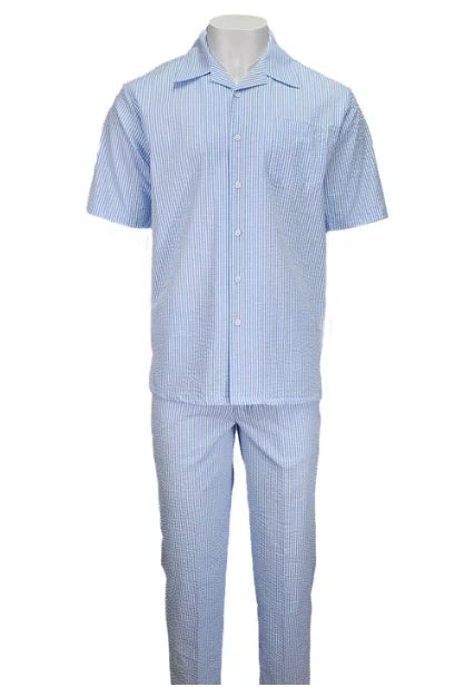 Mens Light Blue Seersucker Walking Suit Set – Casual Summer Short Sleeve Outfit with Matching Pants Lightweight Two Piece Set