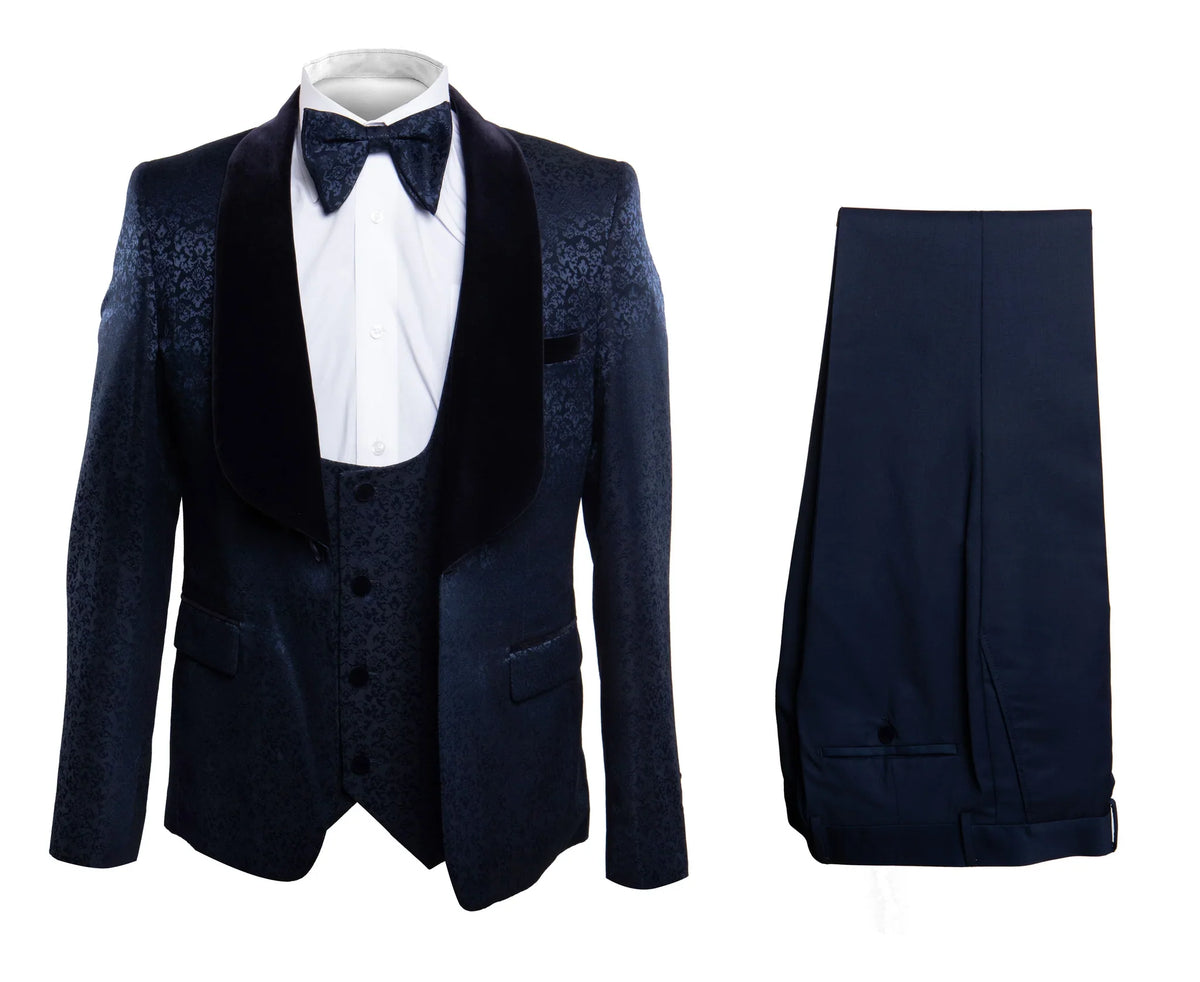 Mens Navy Blue Jacquard Tuxedo with Black Velvet Shawl Lapel, 3 Piece Formal Suit with Bow Tie