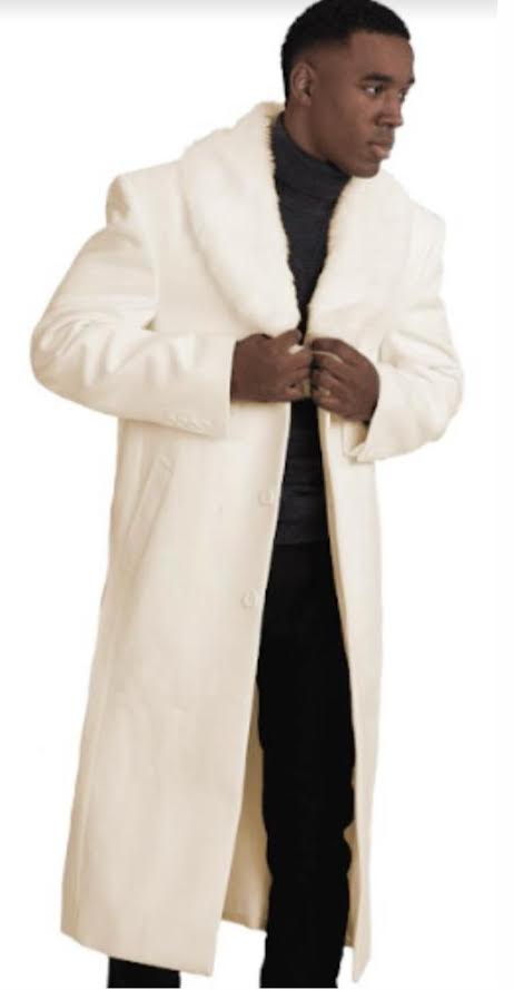 Mens Ivory Full-Length Overcoat with Luxurious Faux Fur Shawl Collar – Winter Dress Coat