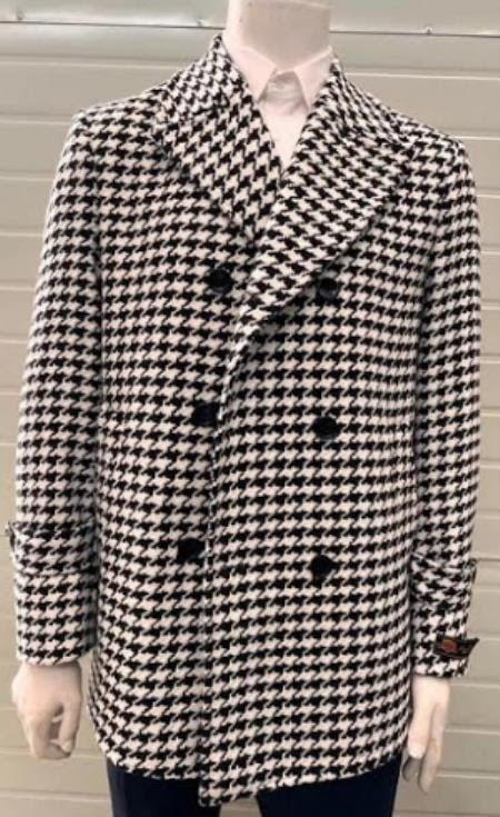 Mens Houndstooth Double-Breasted Overcoats Classic Black and White Wool Blend Peacoat Wool Fabric