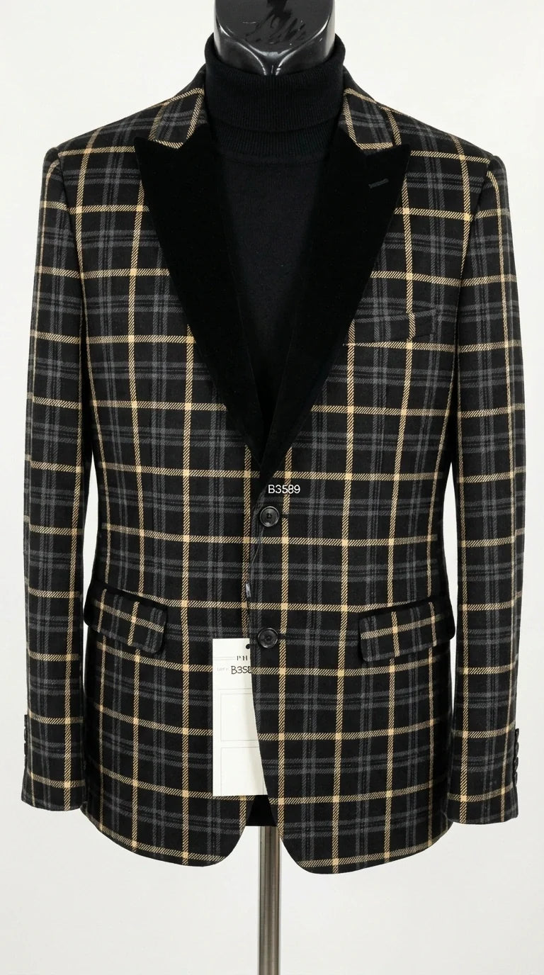 Mens Tartan Black and Gold Check Blazer – Windowpane Plaid Sport Coat Velvet Lapel Formal Party Jacket Chirsitmas New Year Holiday Jacket