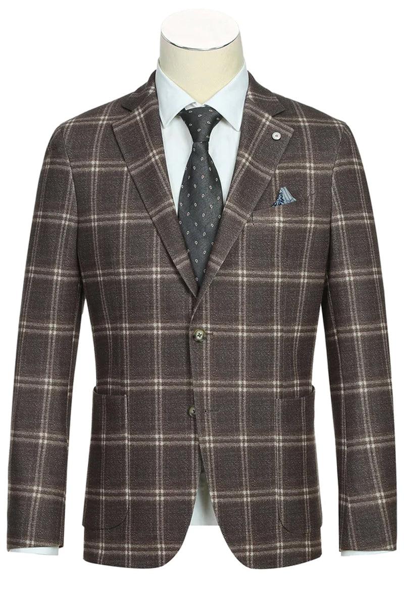 "Elegant Prom and Wedding Blazer: Pelago Men's Slim Cotton Windowpane Plaid with Half Canvas and Patch Pockets"