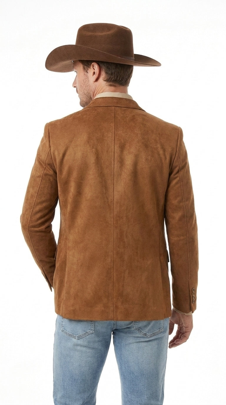 Mens Faux Suede Western Blazer – Brown Cowboy Jacket with Western Detailing Coganc Rust