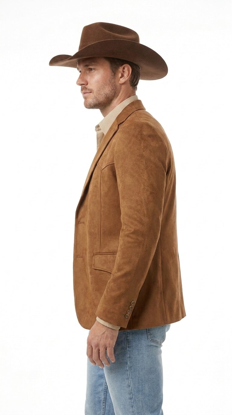 Mens Faux Suede Western Blazer – Brown Cowboy Jacket with Western Detailing Coganc Rust