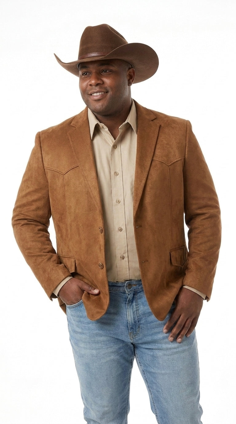 Mens Faux Suede Western Blazer – Brown Cowboy Jacket with Western Detailing Coganc Rust