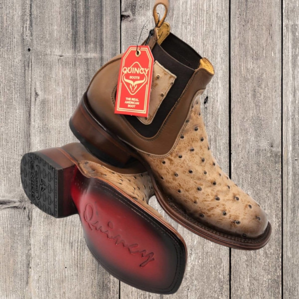 Men's Quincy Ostrich Print Leather Square Toe Ankle Boots