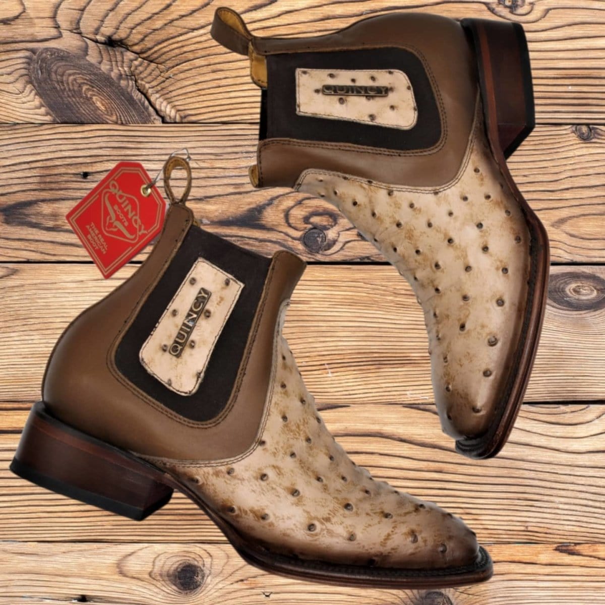 Men's Quincy Ostrich Print Leather Square Toe Ankle Boots