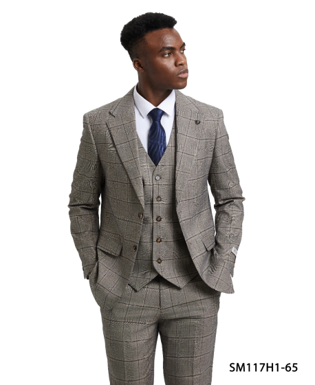 Stacy Adams Men's 3 Piece Hybrid Windowpane Suit - Notch Lapel