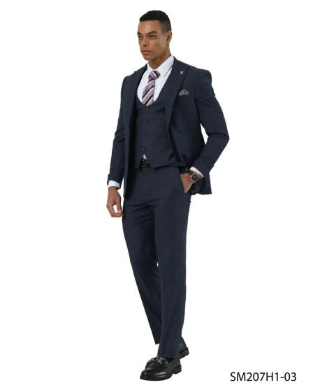 Stacy Adams Men's 3 Piece Hybrid Fit Suit - Textured Glen Check