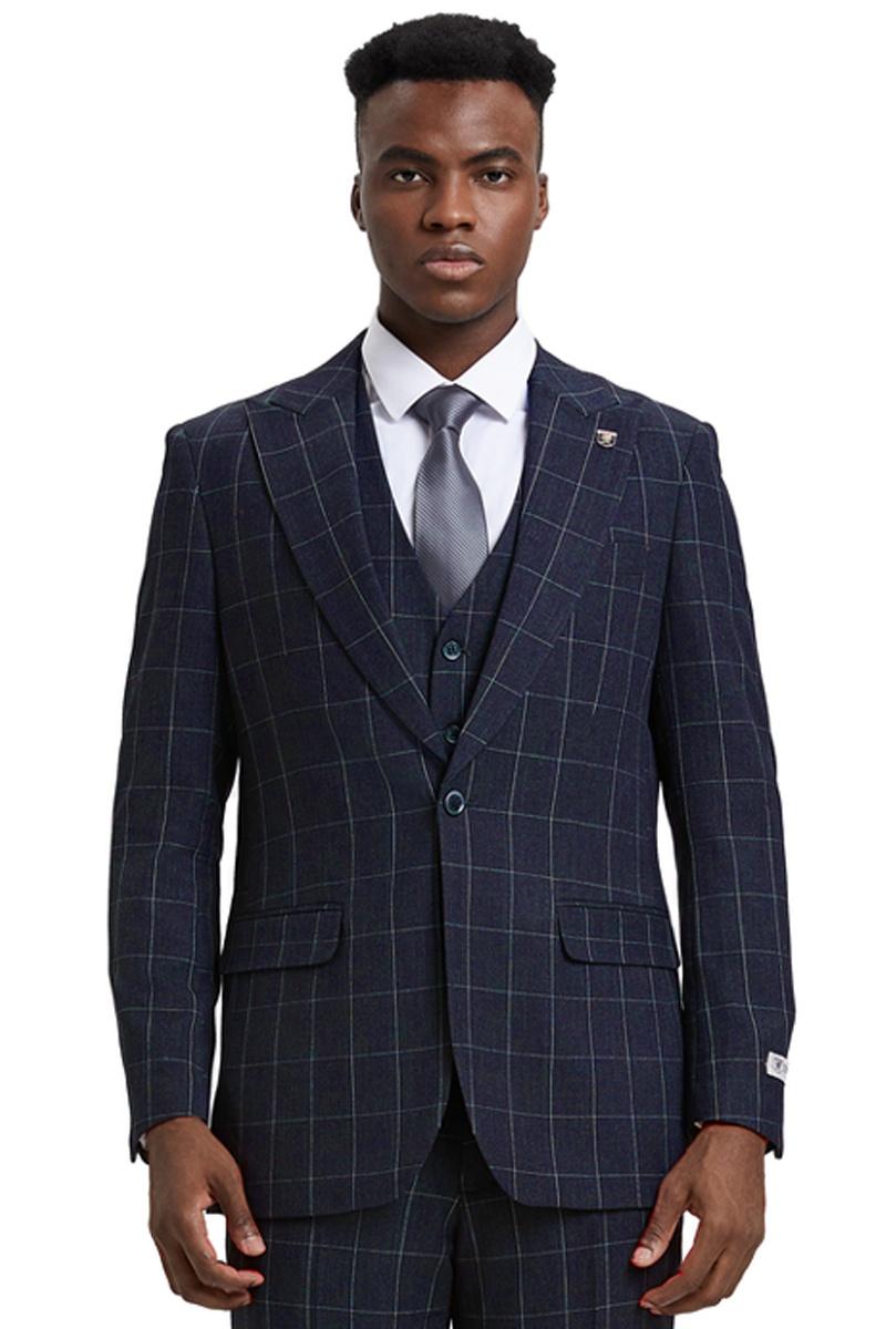 Men's Stacy Adams Vest Classic Bold Windowpane Suit in Navy Blue