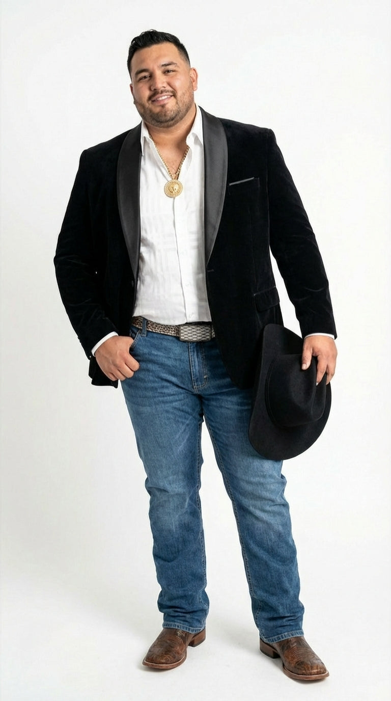 Mens Black Velvet Cowboy Blazer – Western Formal Jacket with Satin Lapel