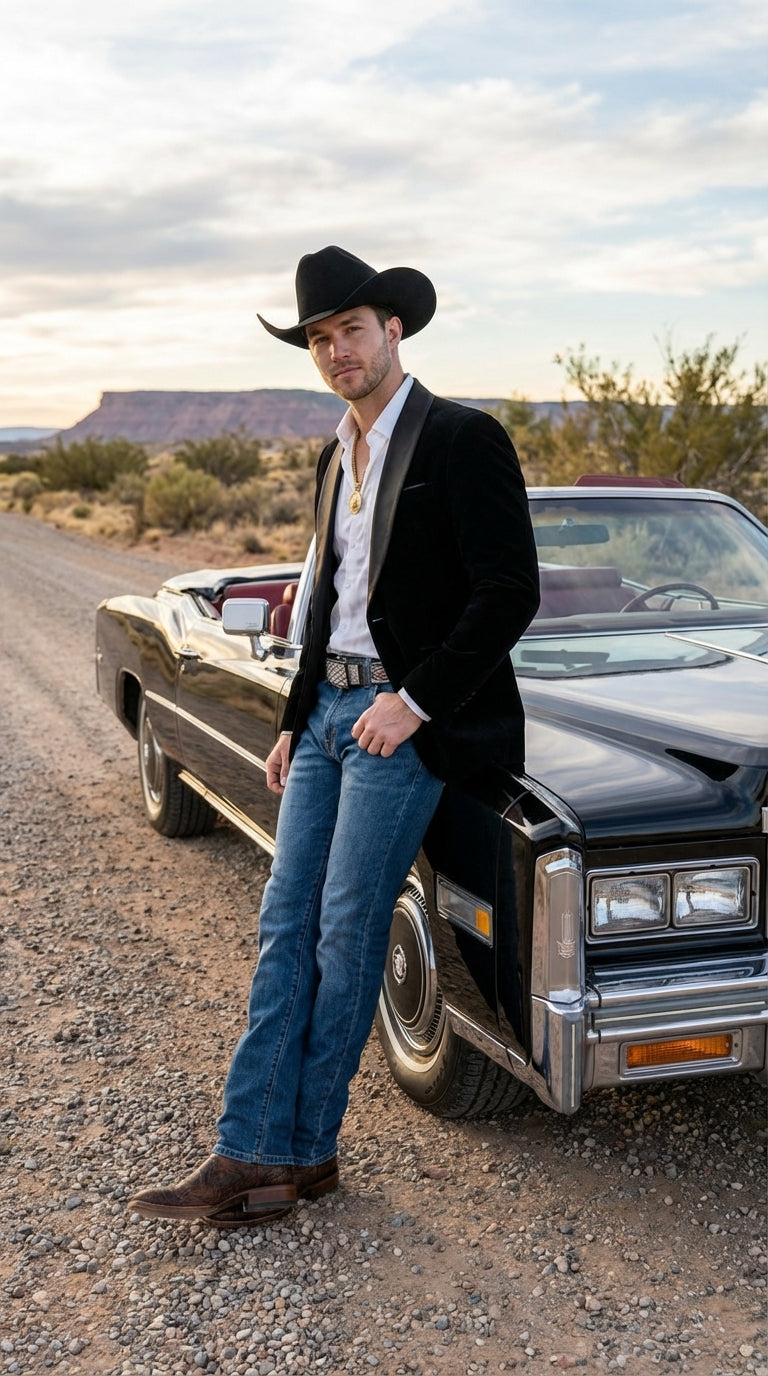 Mens Black Velvet Cowboy Blazer – Western Formal Jacket with Satin Lapel