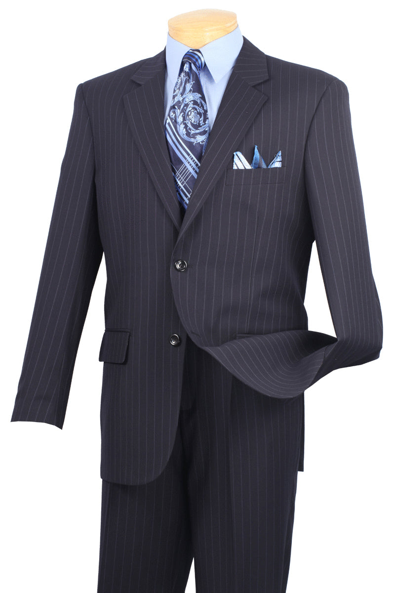 Mens Modern Fit 2 Button No Pleated Flat Front Pants Pinstripe Suit in Navy