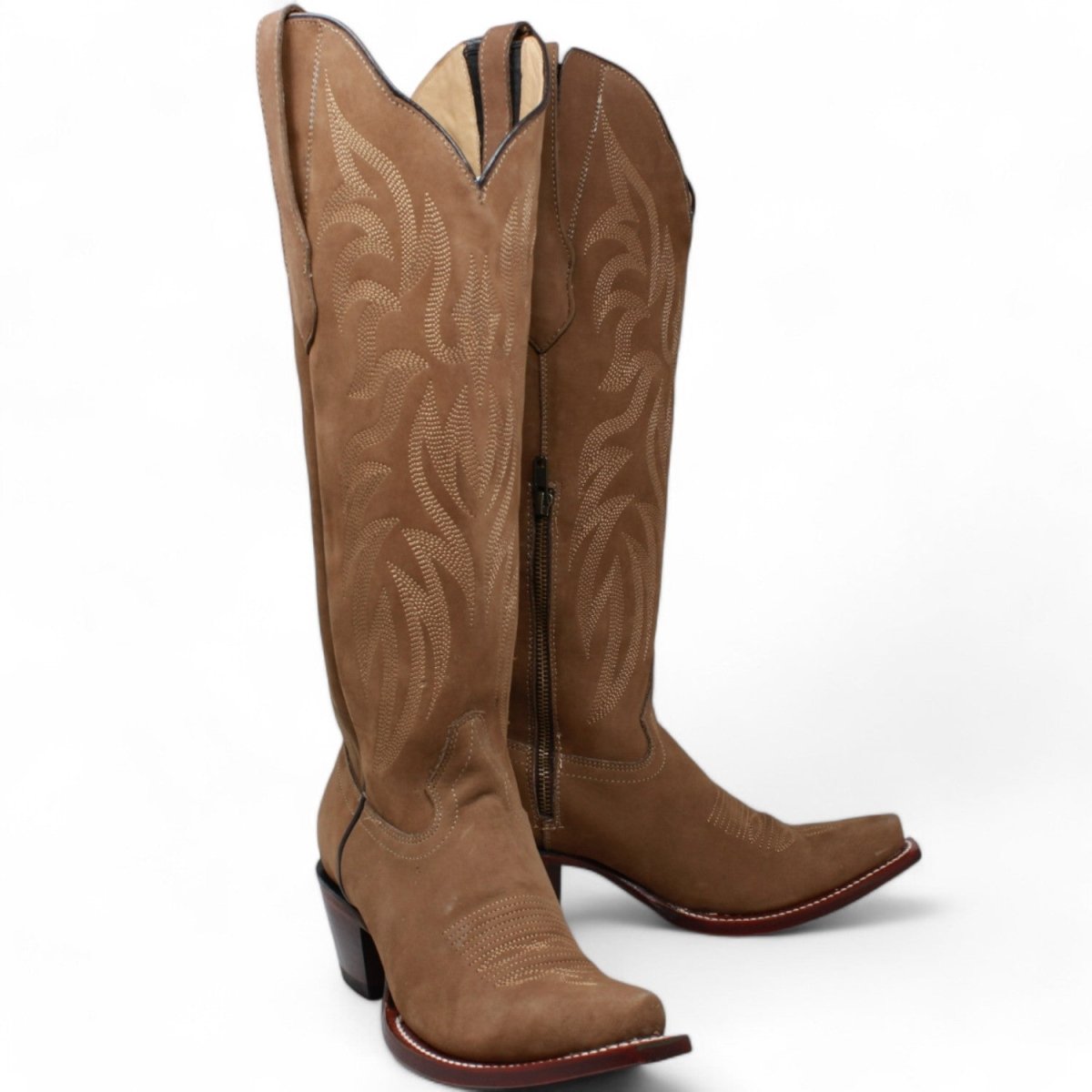 Women's Wild West Snip Toe Suede Leather Boots with Zipper - Taupe