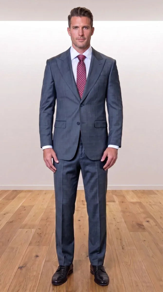 Statement Men's 2 Piece 100% Super 200 Wool Modern Fit Suit - Pic Stitching Peak Lapel Two Buttons in Color Charcoal