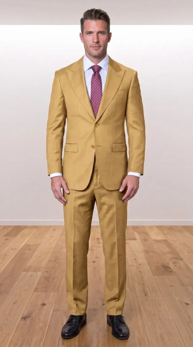 Statement Men's 2 Piece 100% Super 200 Wool Modern Fit Suit - Pic Stitching Peak Lapel Two Buttons in Color Chestnut