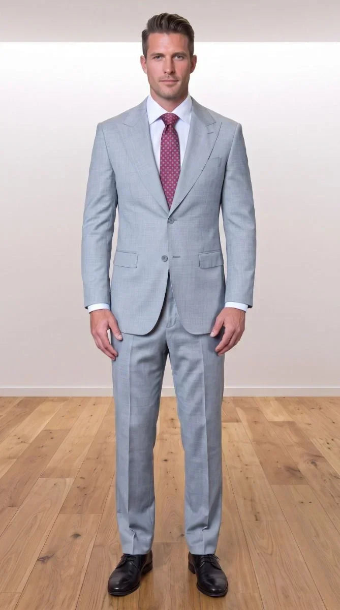 Statement Men's 2 Piece 100% Super 200 Wool Modern Fit Suit - Pic Stitching Peak Lapel Two Buttons in Color Grey