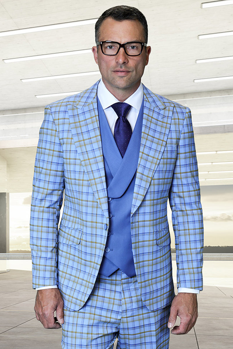 Men's Designer One Button Peak Lapel Italian Wool Suit with Double Breasted Vest in Steel Blue Plaid