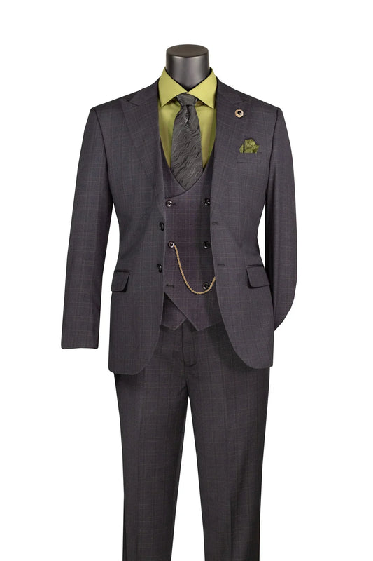 Men's Black Antique Bronze Windowpane Three Piece Suit