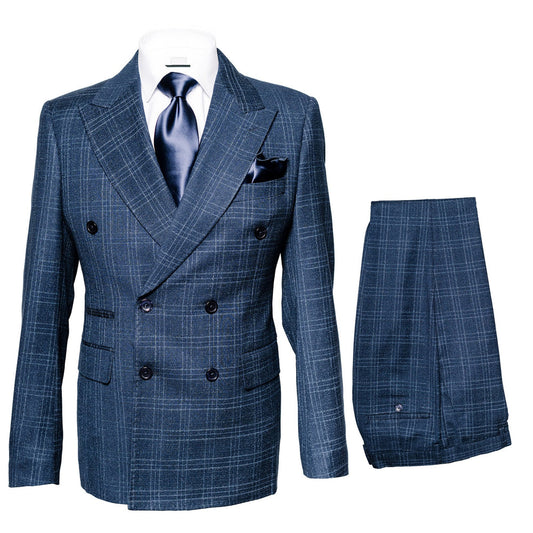 Mens Plaid Windowpane Business Suit Modern Fit Texturer Checker Peak Lapel By Rossiman in Color "Navy Blue"