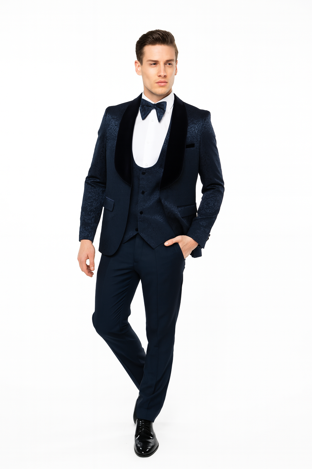 Mens Navy Blue Jacquard Tuxedo with Black Velvet Shawl Lapel, 3 Piece Formal Suit with Bow Tie