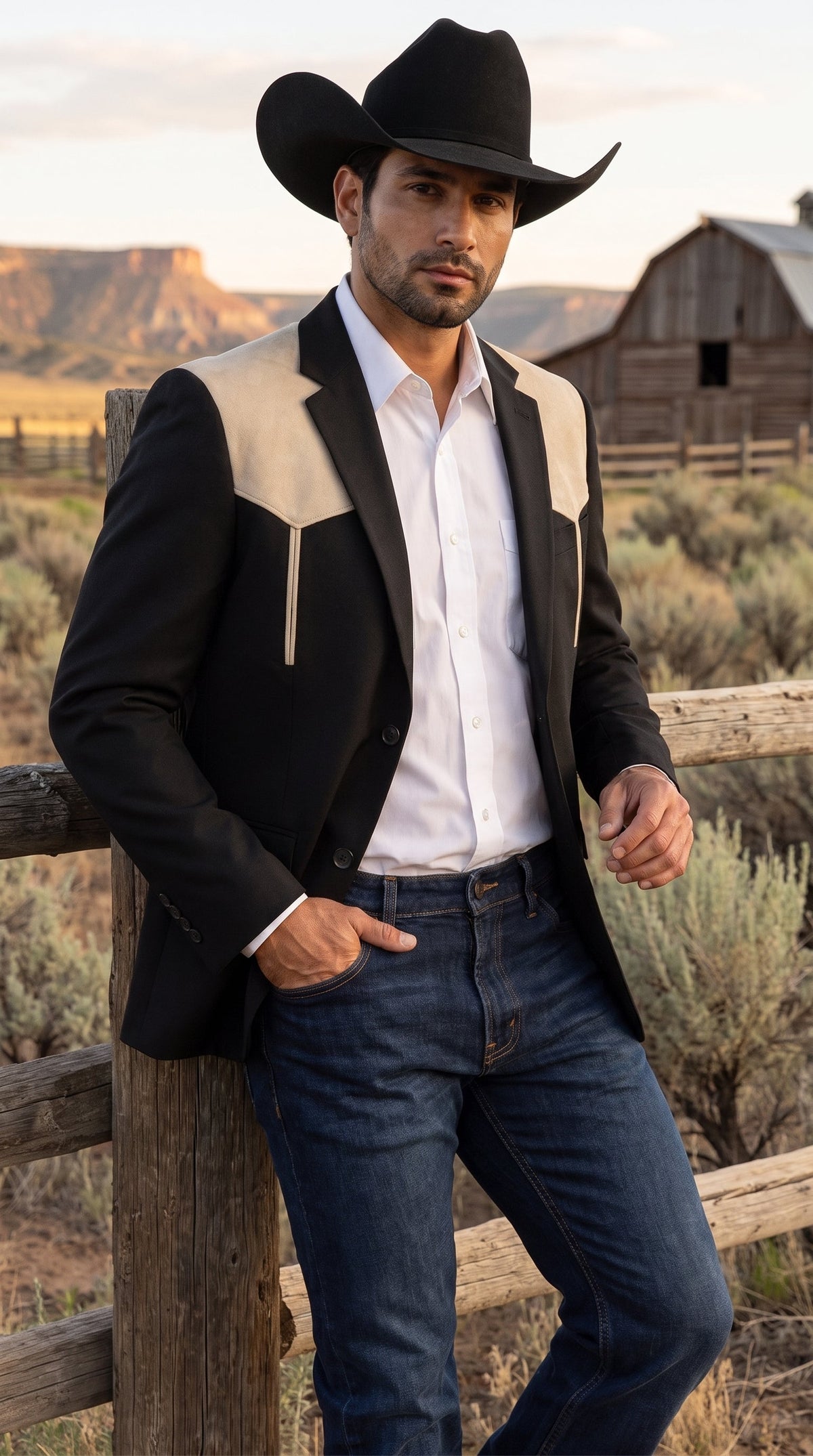 Men’s Black & Bone Tan Western Blazer – Cowboy Sport Coat with Suede Yoke for Rodeo, Ranch & Country Wear