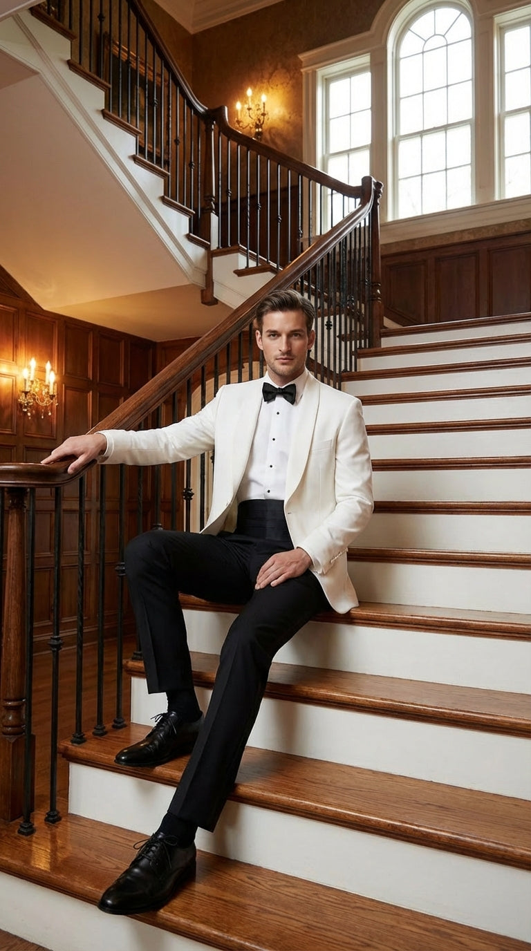 Men's White Dinner Jacket Tuxedo Blazer with Black Satin Shawl Lapel  With Black Tuxedo Pants