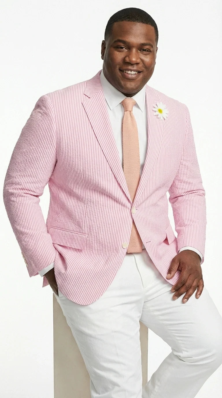 Mens Pink Seersucker Blazer – Lightweight Striped Summer Sport Coat Casual Smart Formal Jacket