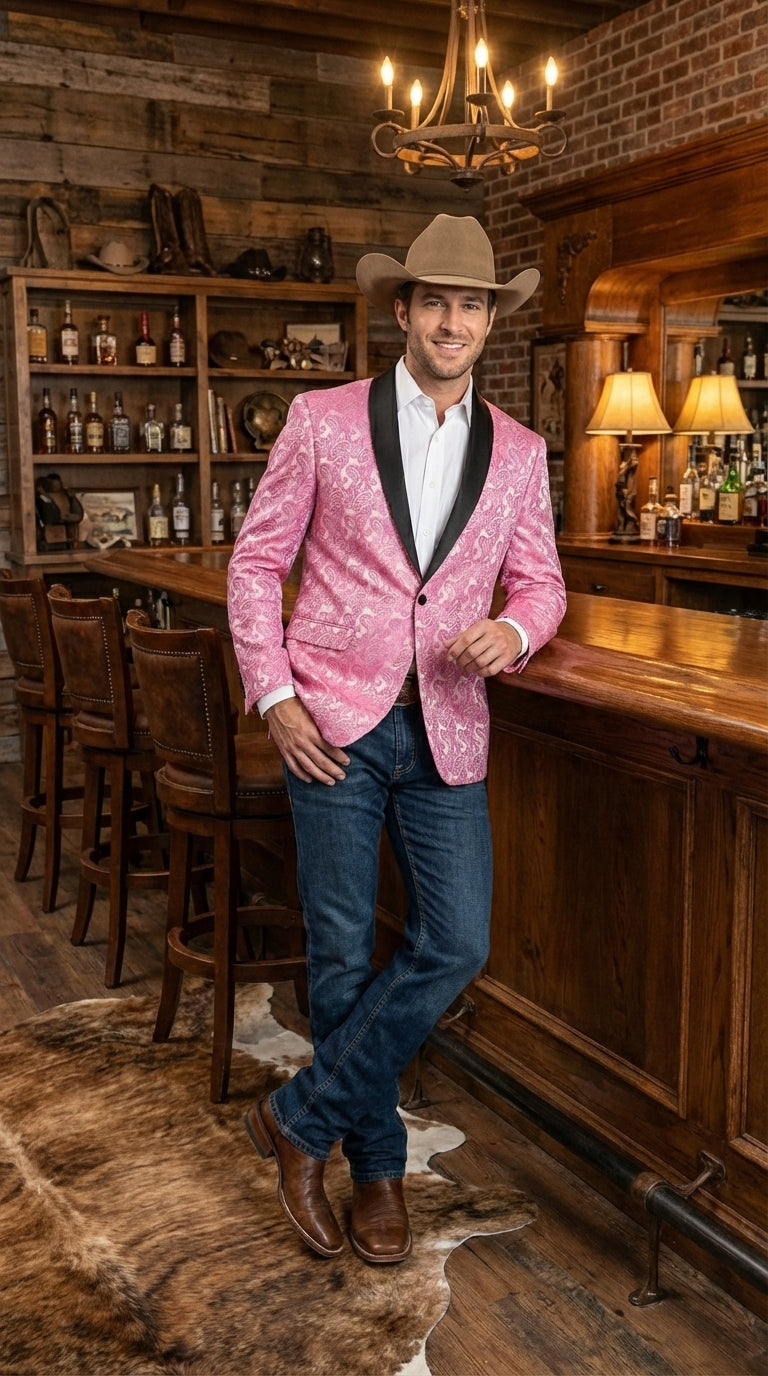 Mens Hot Pink Paisley Western Blazer Jacket – Stylish Pattern Formal Blazer with Black Shawl Lapel for Party, Wedding Cowboy Sportcoat