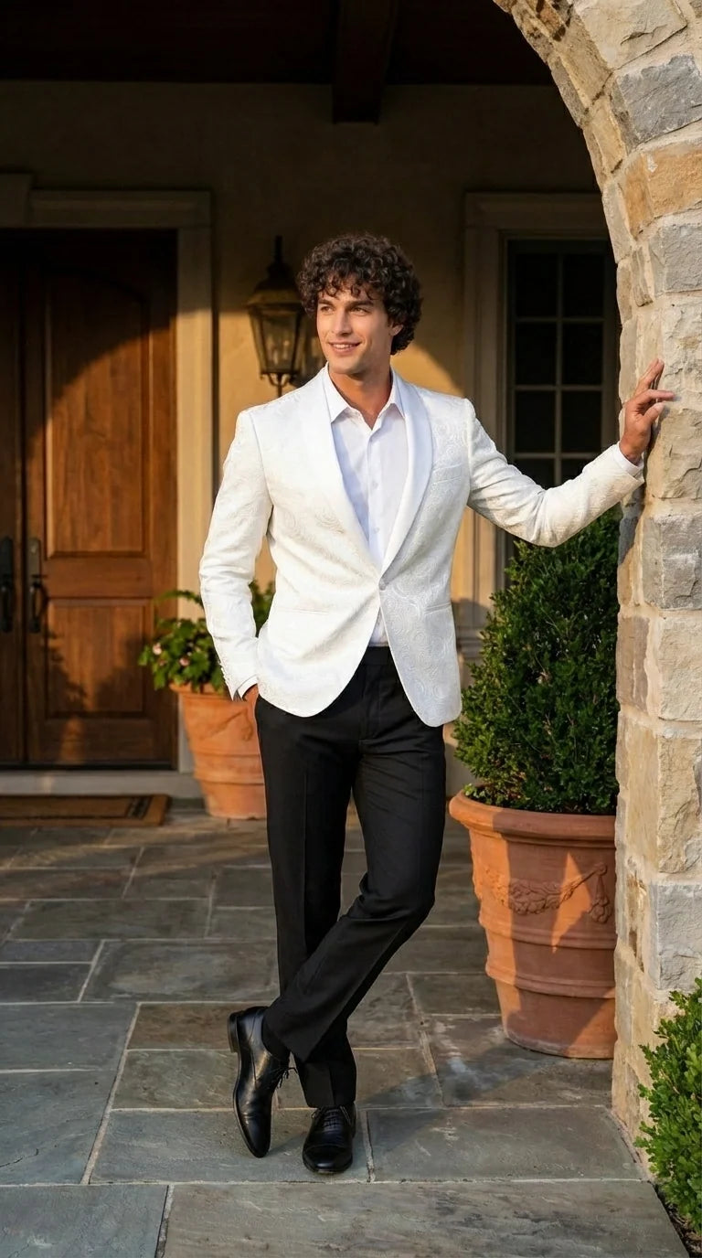 Men’s White Paisley Disco Blazer 1980s Style Jacket – Shawl Lapel Formal Party Blazer, Elegant Masquerade Club Wear, Stylish Evening Outfit