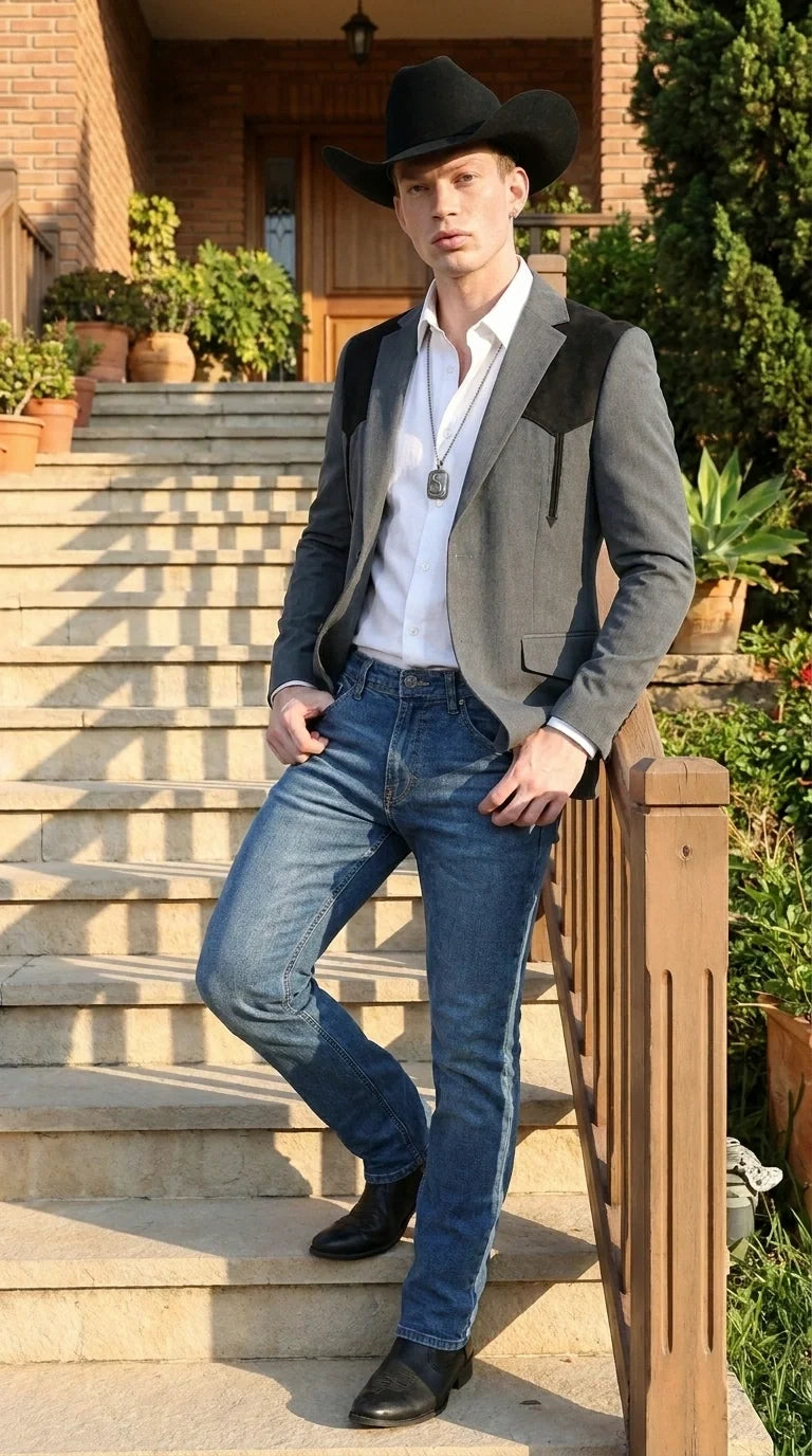 Men’s Dark Charcoal Western Blazer with Black Suede Yokes, Cowboy Sport Coat for Ranch Wedding and Country Events