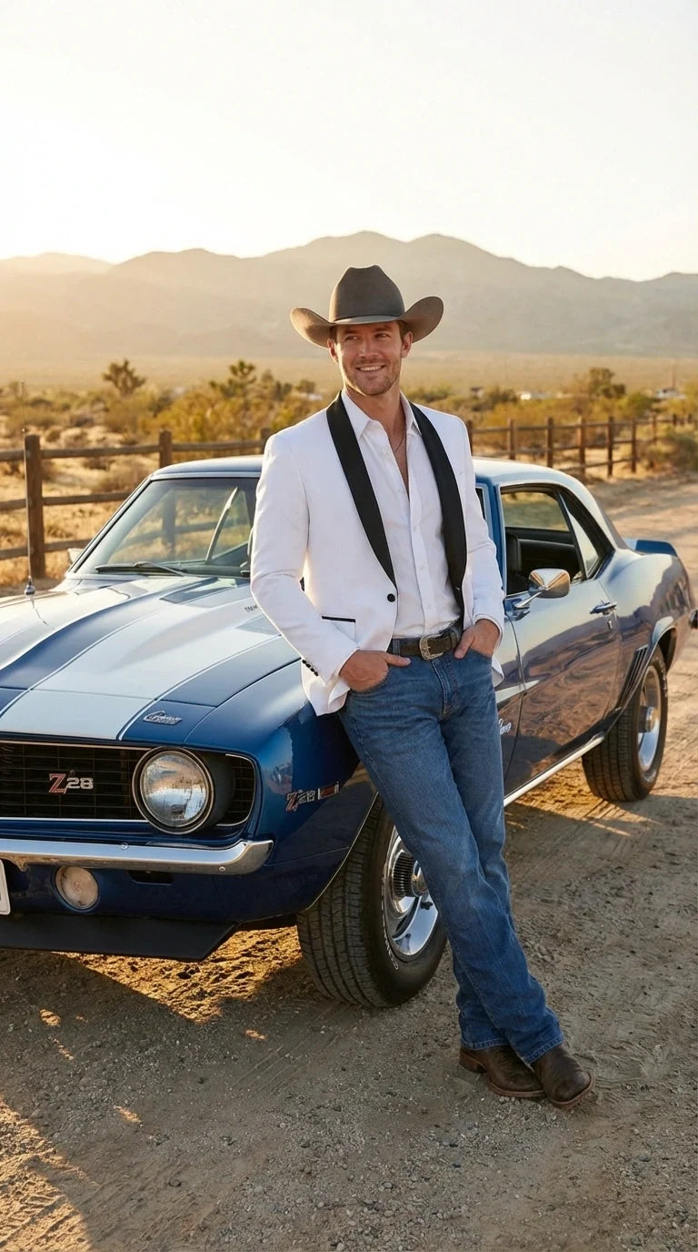Men’s White Cowboy Blazer with Black Satin Lapel – Western Formal Tuxedo Style Jacket