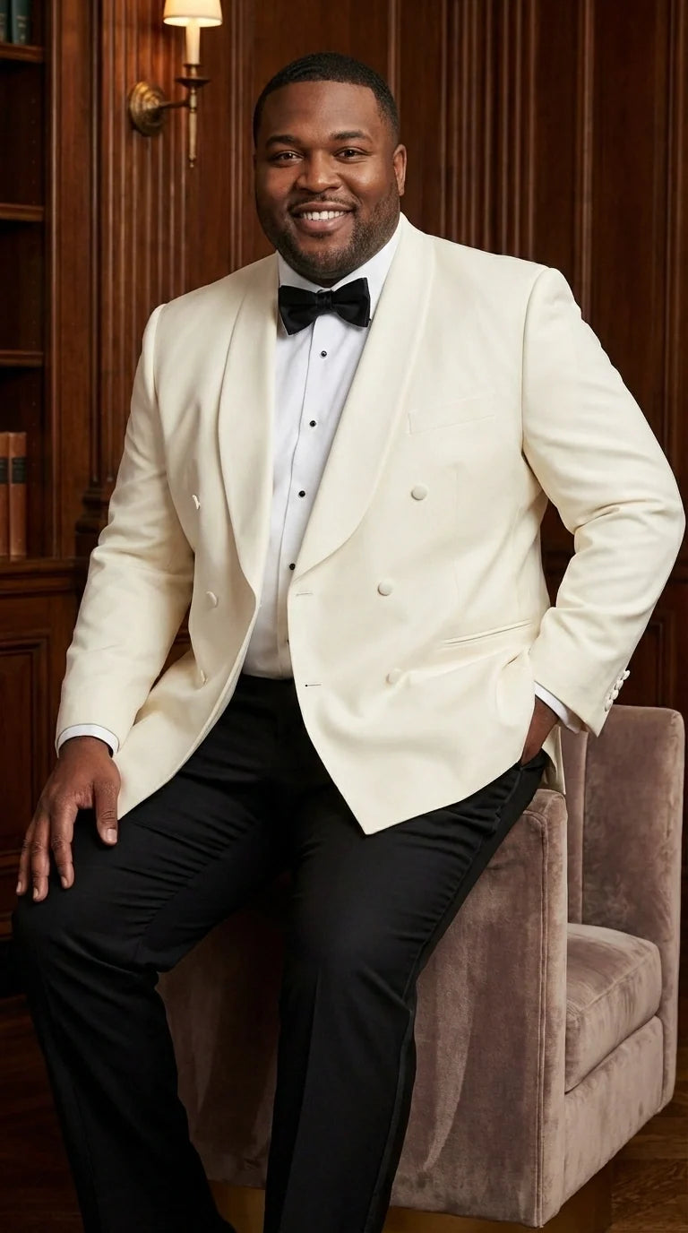Men’s Ivory Wool Dinner Jacket – Classic Double Breasted Formal Tuxedo Jacket for Wedding and Black Tie Events