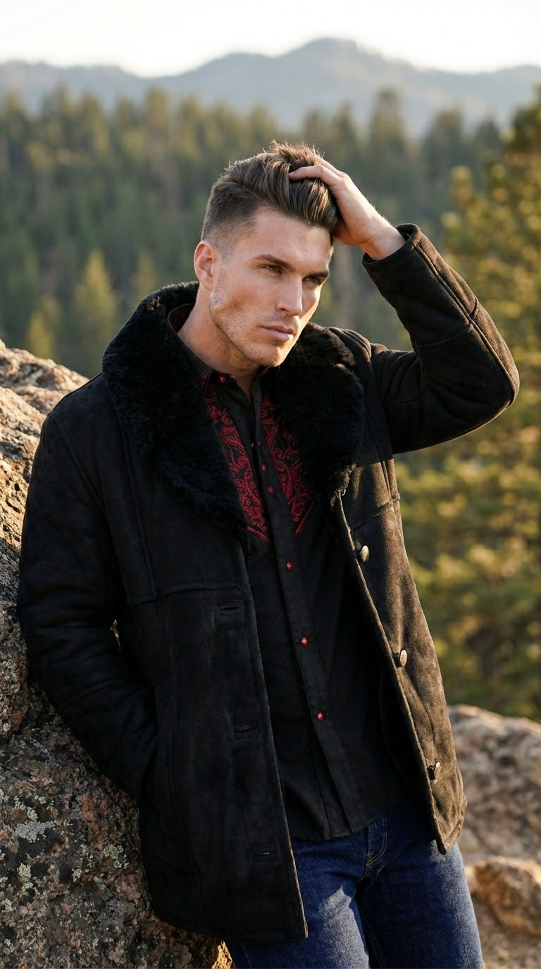 Men’s Black Sheepskin Leather Jacket Cowboy – Warm Faux Fur Collar Coat, Winter Long Jacket, Casual Western Style Outerwear