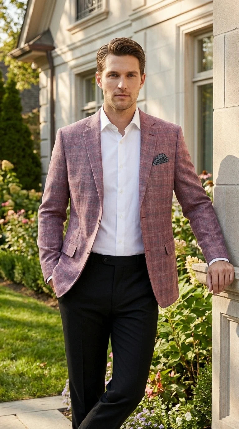Mens Dusty Rose Mauve Pink with Tint of Blue Plaid Sport Coat Blazer – Classic Check Pattern Casual Blazer Jacket for Business Casual, Wedding
