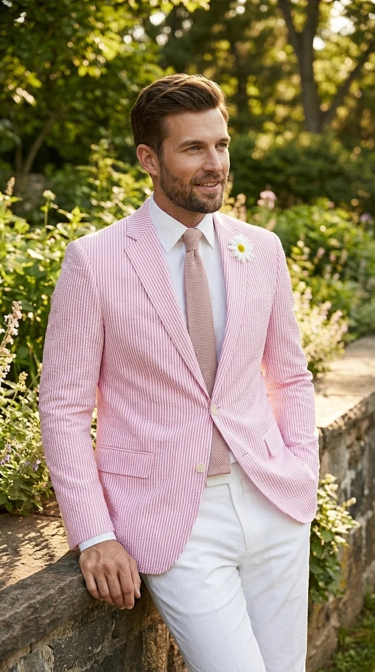 Mens Pink Seersucker Blazer – Lightweight Striped Summer Sport Coat Casual Smart Formal Jacket