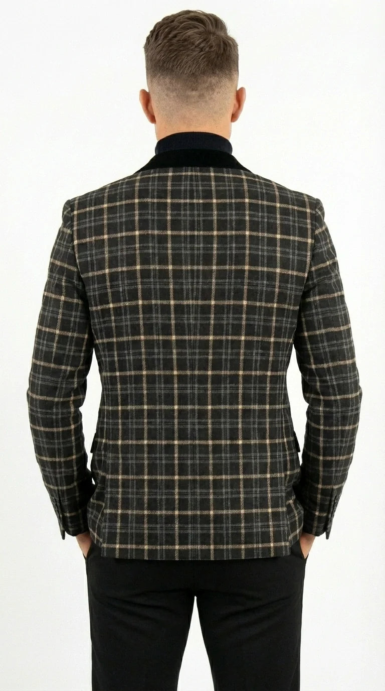 Mens Tartan Black and Gold Check Blazer – Windowpane Plaid Sport Coat Velvet Lapel Formal Party Jacket Chirsitmas New Year Holiday Jacket
