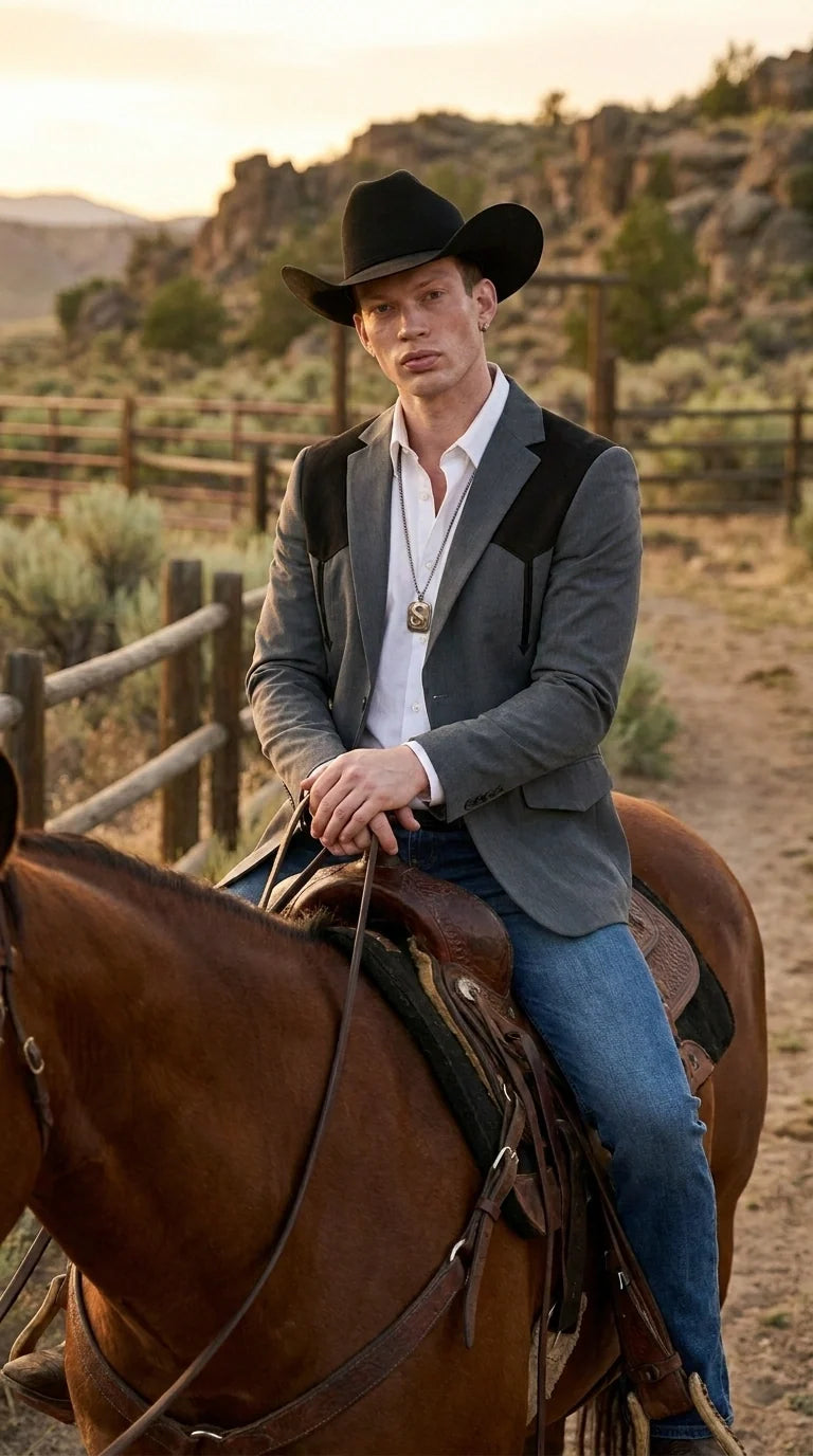Men’s Dark Charcoal Western Blazer with Black Suede Yokes, Cowboy Sport Coat for Ranch Wedding and Country Events