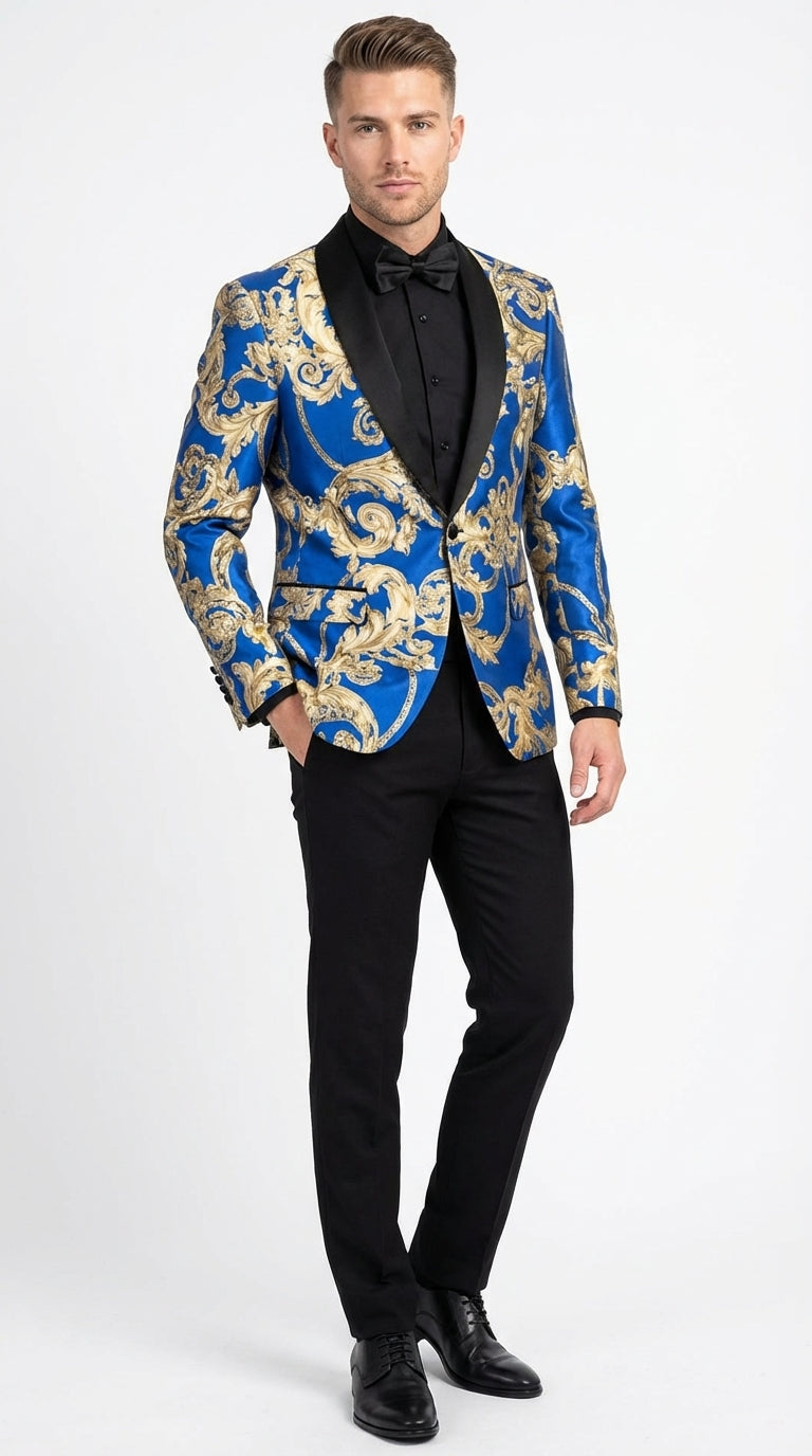 Men’s Royal Blue and Gold Blazer Jacket – Luxury Floral Pattern Tuxedo Blazer, Formal Party Wedding Dinner Jacket, Stylish Evening Wear