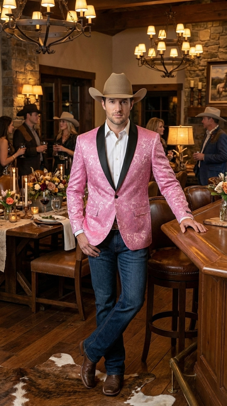 Mens Hot Pink Paisley Western Blazer Jacket – Stylish Pattern Formal Blazer with Black Shawl Lapel for Party, Wedding Cowboy Sportcoat