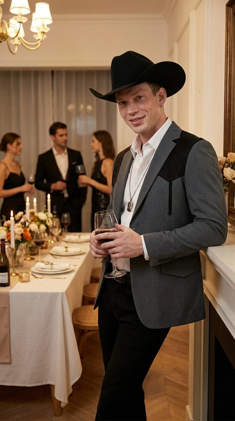 Men’s Dark Charcoal Western Blazer with Black Suede Yokes, Cowboy Sport Coat for Ranch Wedding and Country Events