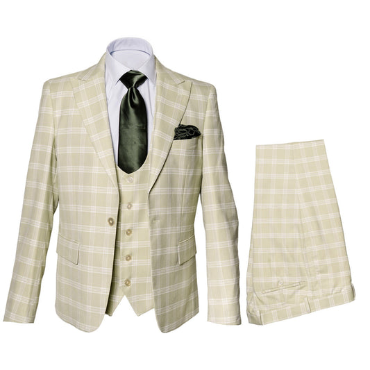 Mens Plaid Windowpane Business Suit Modern Fit Texturer Checker Peak Lapel By Rossiman in Color "Cream"