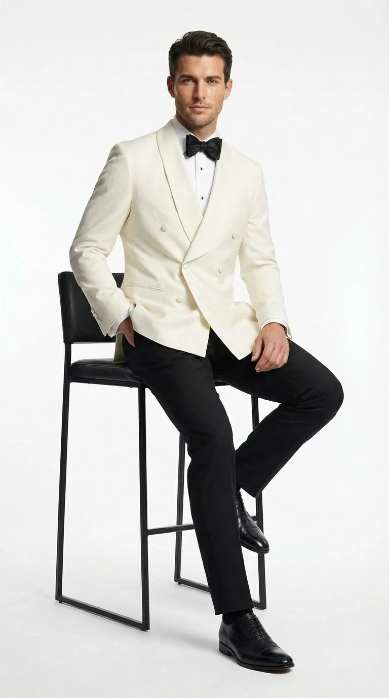 Men’s Ivory Wool Dinner Jacket – Classic Double Breasted Formal Tuxedo Jacket for Wedding and Black Tie Events