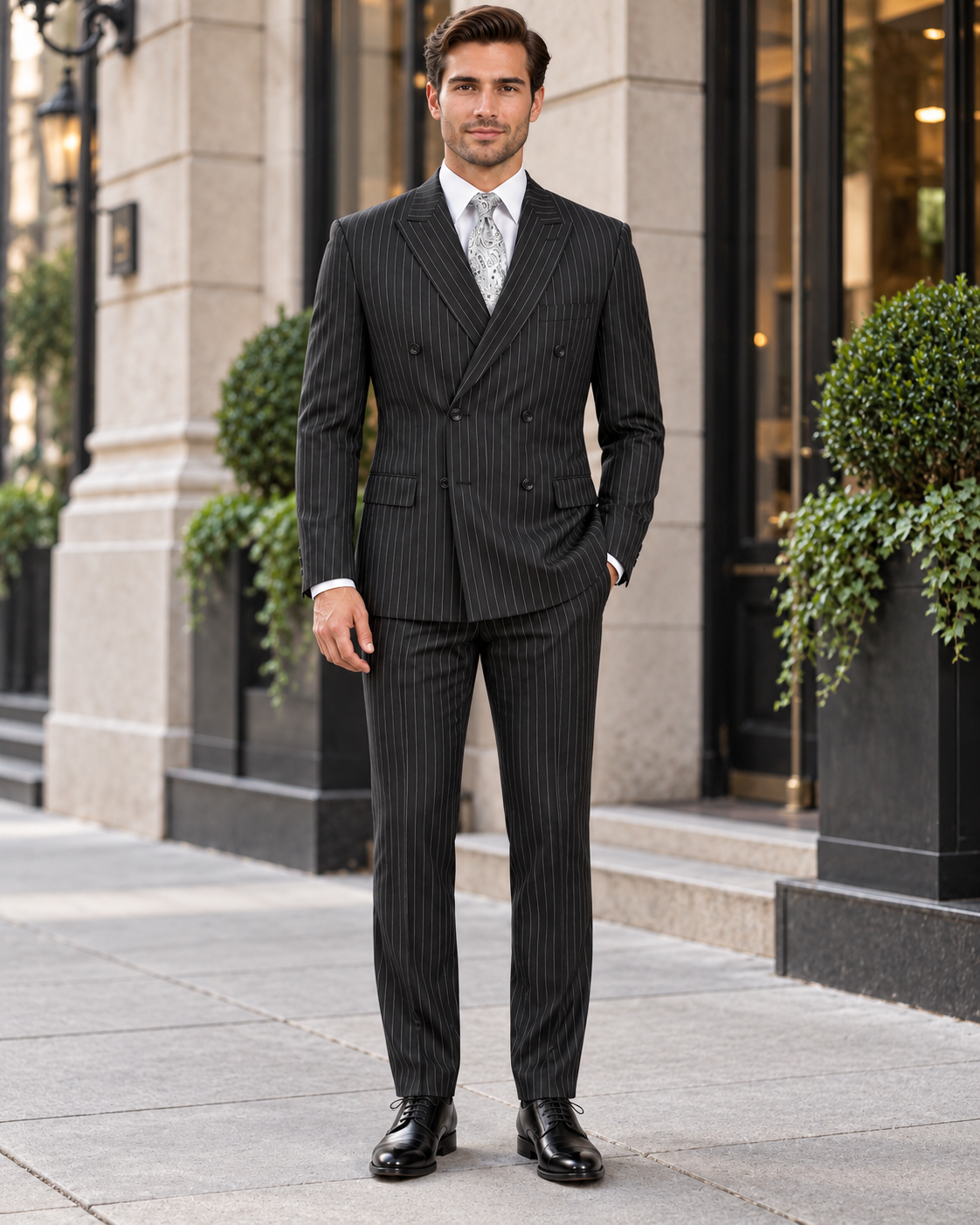 Mens Double Breasted Gangster Bold Pinstripe Suit in Black